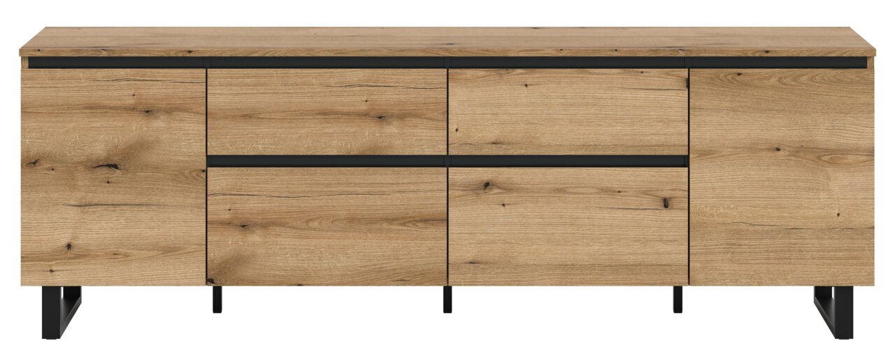 Frontale Ansicht eines modernen Lowboards aus Holz mit schwarzen Akzenten und Metallbeinen.
