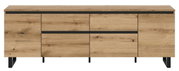 Frontale Ansicht eines modernen Lowboards aus Holz mit schwarzen Akzenten und Metallbeinen.