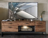 TV-Unterteil aus Holz mit modernem Design, frontal fotografiert. Es hat Schubladen und offene Fächer, ideal für Wohnzimmer.