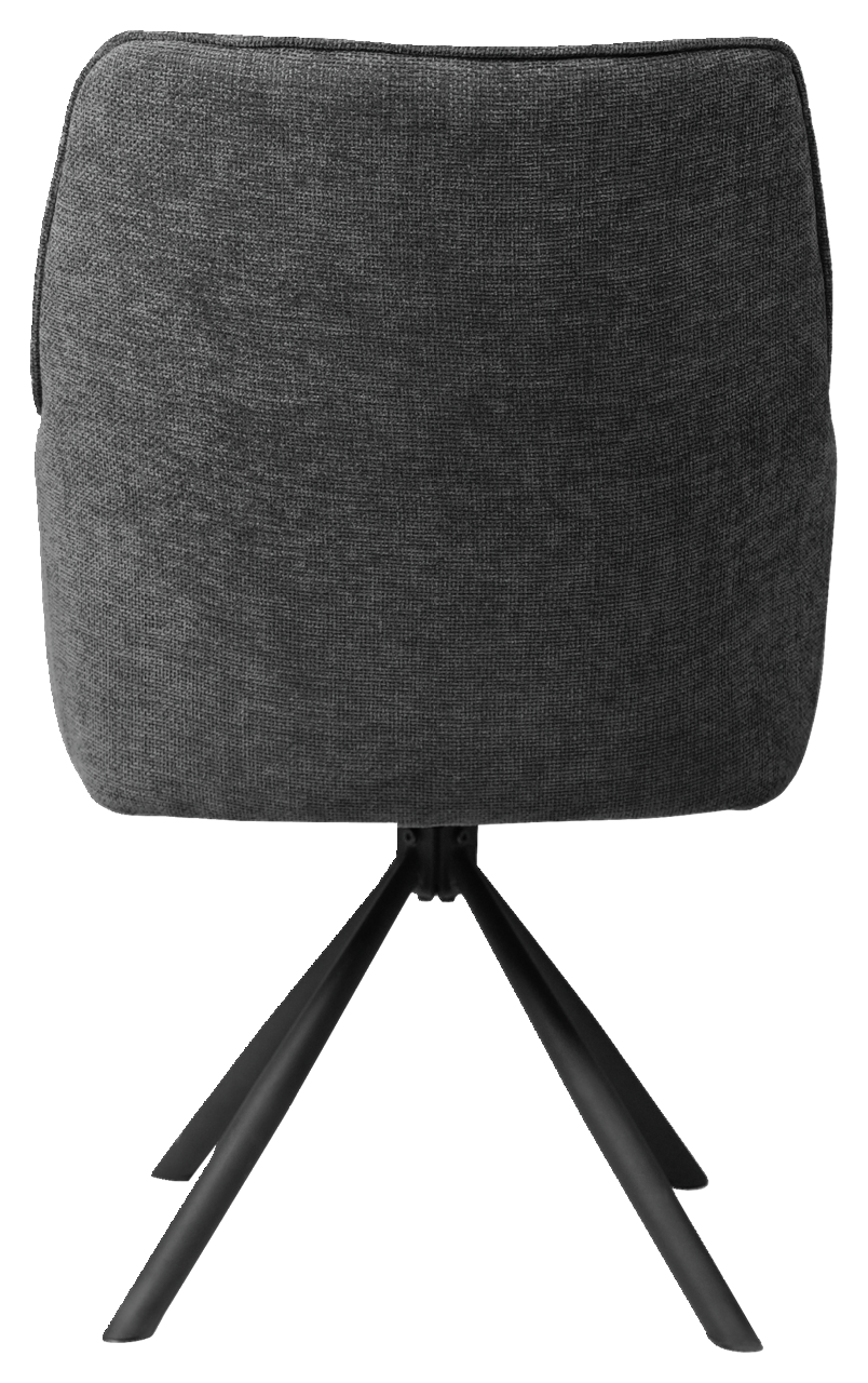 Rückansicht eines grauen Armlehnstuhls mit schwarzem Metallgestell