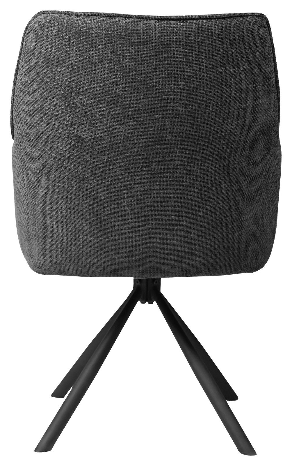 Rückansicht eines grauen Armlehnstuhls mit schwarzem Metallgestell