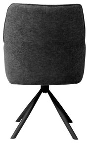 Rückansicht eines grauen Armlehnstuhls mit schwarzem Metallgestell