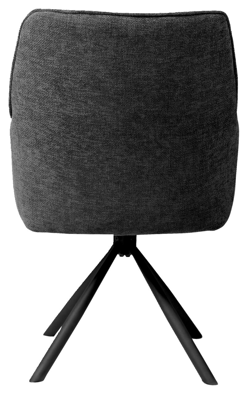 Rückansicht eines grauen Armlehnstuhls mit schwarzem Metallgestell