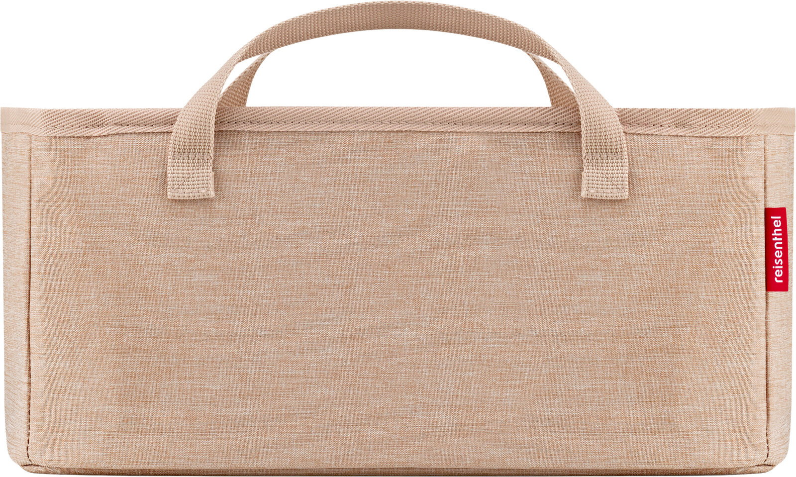Beige Aufbewahrungstasche aus Stoff mit zwei Tragegriffen und rotem „reisenthel“-Label, Frontansicht vor weißem Hintergrund