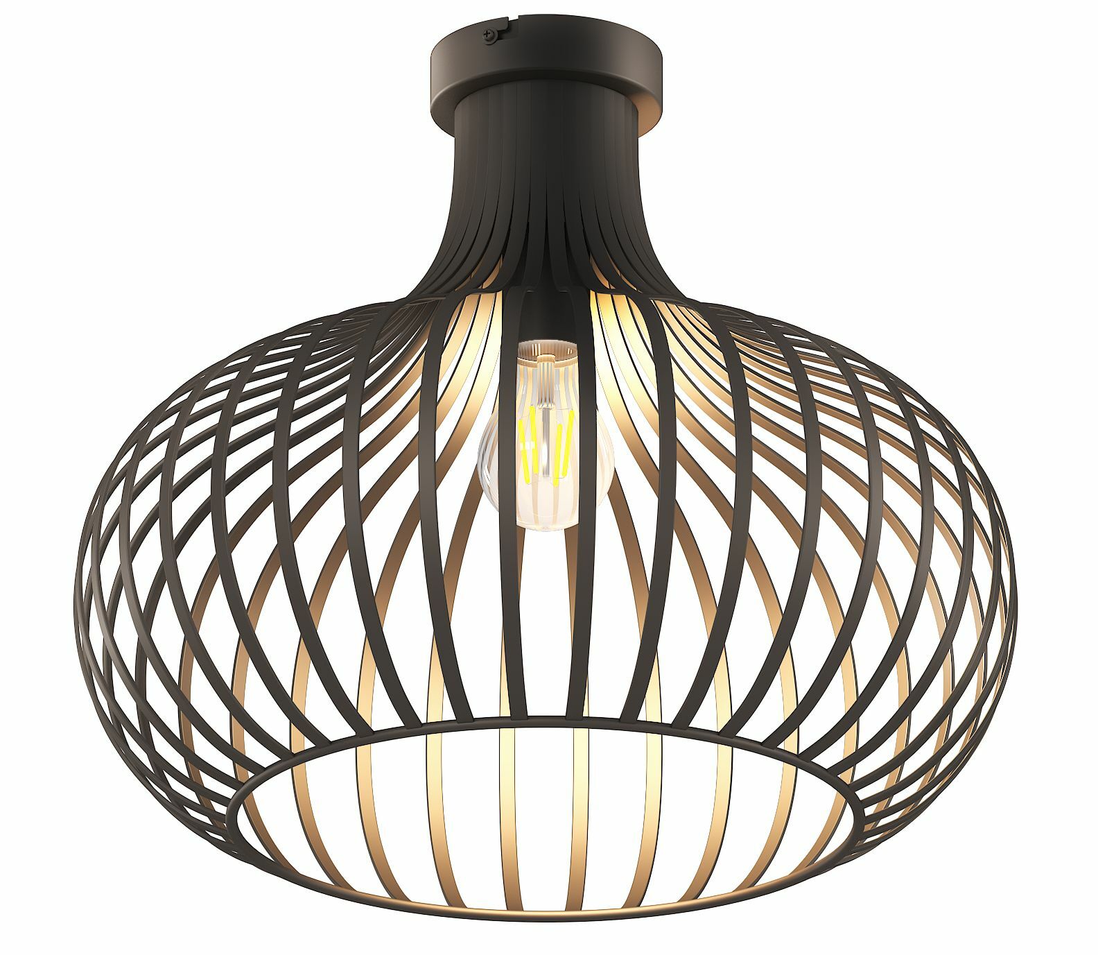 Moderne Deckenleuchte mit schwarzem, geometrischem Gitterdesign, seitliche Perspektive