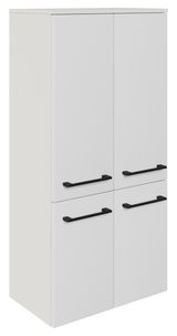 Weißer Midischrank mit vier Türen und schwarzen Griffen, seitliche Perspektive