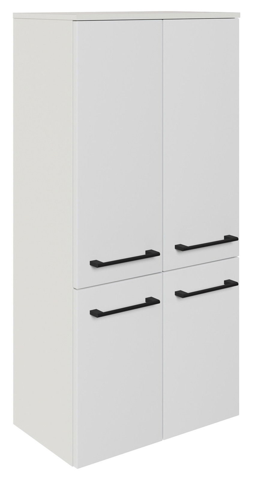 Sadena Midischrank PLAKA Weißer Midischrank mit vier Türen und schwarzen Griffen, seitliche Perspektive