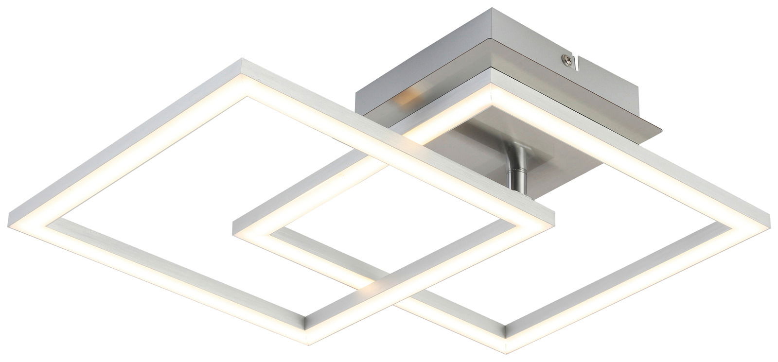 Moderne LED-Deckenleuchte Panther mit zwei quadratischen, überlappenden Rahmen aus Metall, seitliche Perspektive.