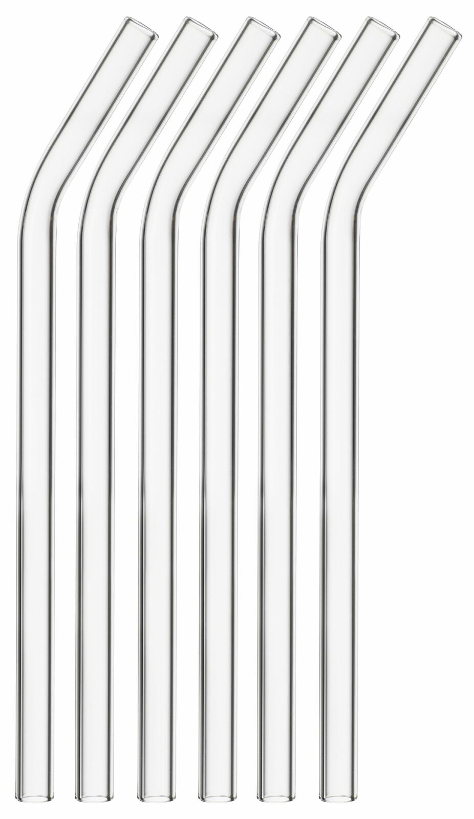 Sechs gebogene Trinkhalme aus Glas in einer frontalen Ansicht.