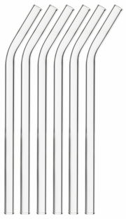 Sechs gebogene Trinkhalme aus Glas in einer frontalen Ansicht.
