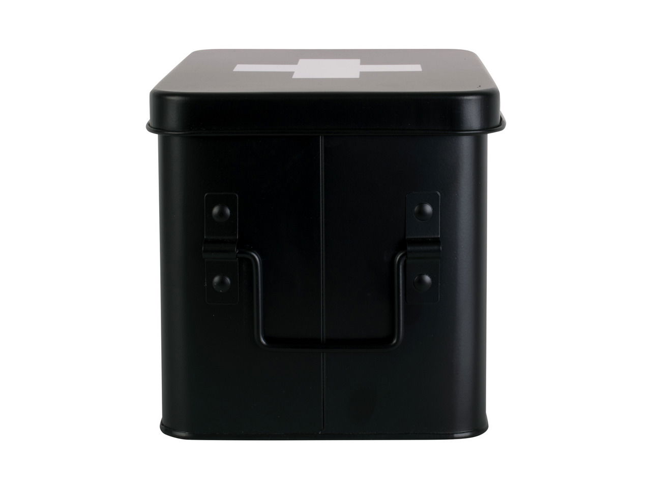 Schwarze Aufbewahrungsbox mit weißem Kreuz auf dem Deckel, frontal betrachtet