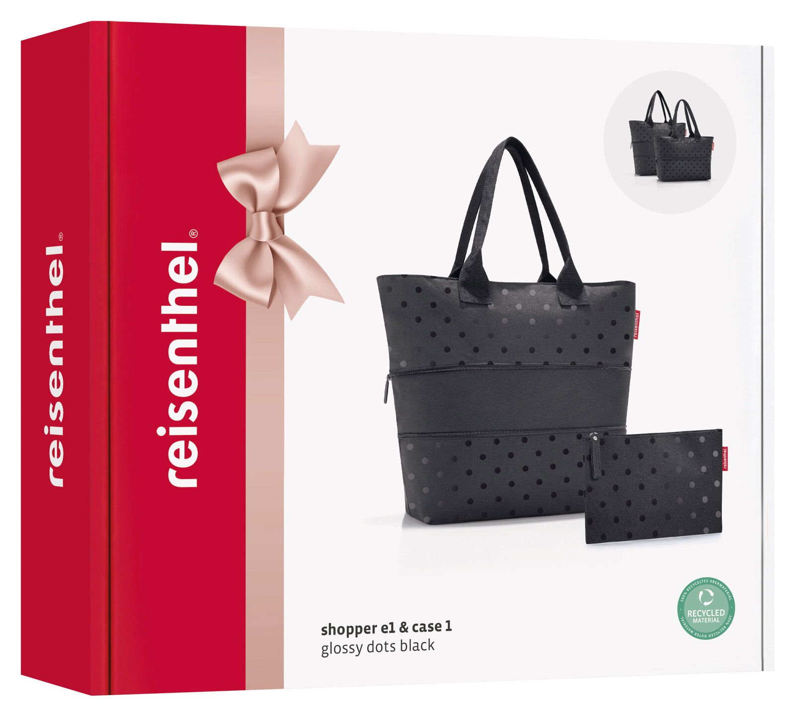 Geschenkbox mit einem schwarzen Shopper-Set mit glänzenden Punkten, bestehend aus einer großen Tasche und einem kleinen Etui, von vorne betrachtet.