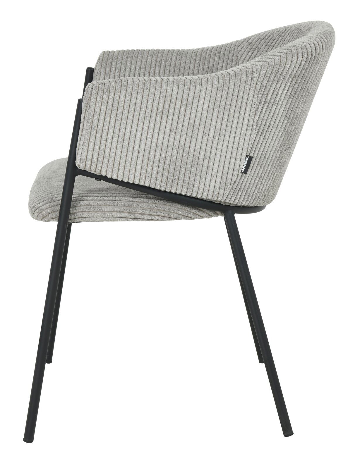 Seitenansicht eines grauen Armlehnstuhls mit geripptem Stoffbezug und schwarzen Metallbeinen.