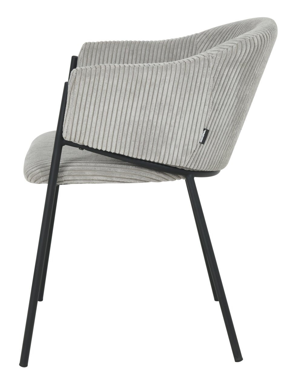 Z2 Fauteuil KRONOS Zijaanzicht van een grijze fauteuil met geribbelde stoffen bekleding en zwarte metalen poten.