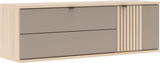 Modernes Sideboard/Lowboard in heller Holzoptik mit zwei grauen Schiebetüren und geriffelter Holzfront, freigestellt, Ansicht schräg von vorn.
