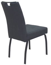 Rückansicht eines modernen, dunkel gepolsterten Stuhls mit schwarzem Metallgestell.