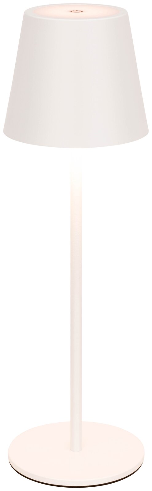 Weiße Akku-Tischleuchte in Frontalansicht mit schlichtem Design und konischem Lampenschirm.