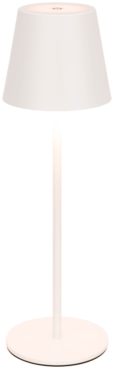Weiße Akku-Tischleuchte in Frontalansicht mit schlichtem Design und konischem Lampenschirm.