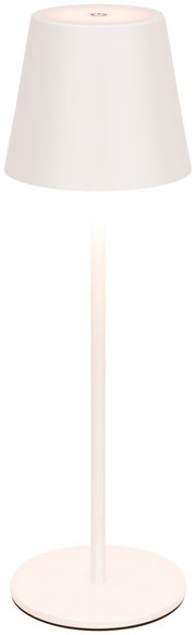 Weiße Akku-Tischleuchte in Frontalansicht mit schlichtem Design und konischem Lampenschirm.