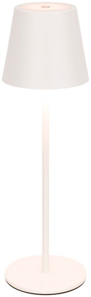 Weiße Akku-Tischleuchte in Frontalansicht mit schlichtem Design und konischem Lampenschirm.