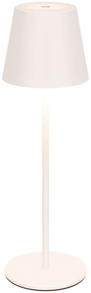 Weiße Akku-Tischleuchte in Frontalansicht mit schlichtem Design und konischem Lampenschirm.