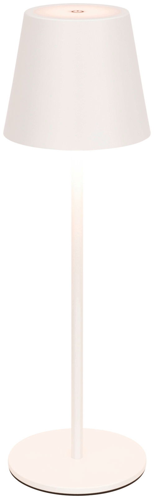 Weiße Akku-Tischleuchte in Frontalansicht mit schlichtem Design und konischem Lampenschirm.