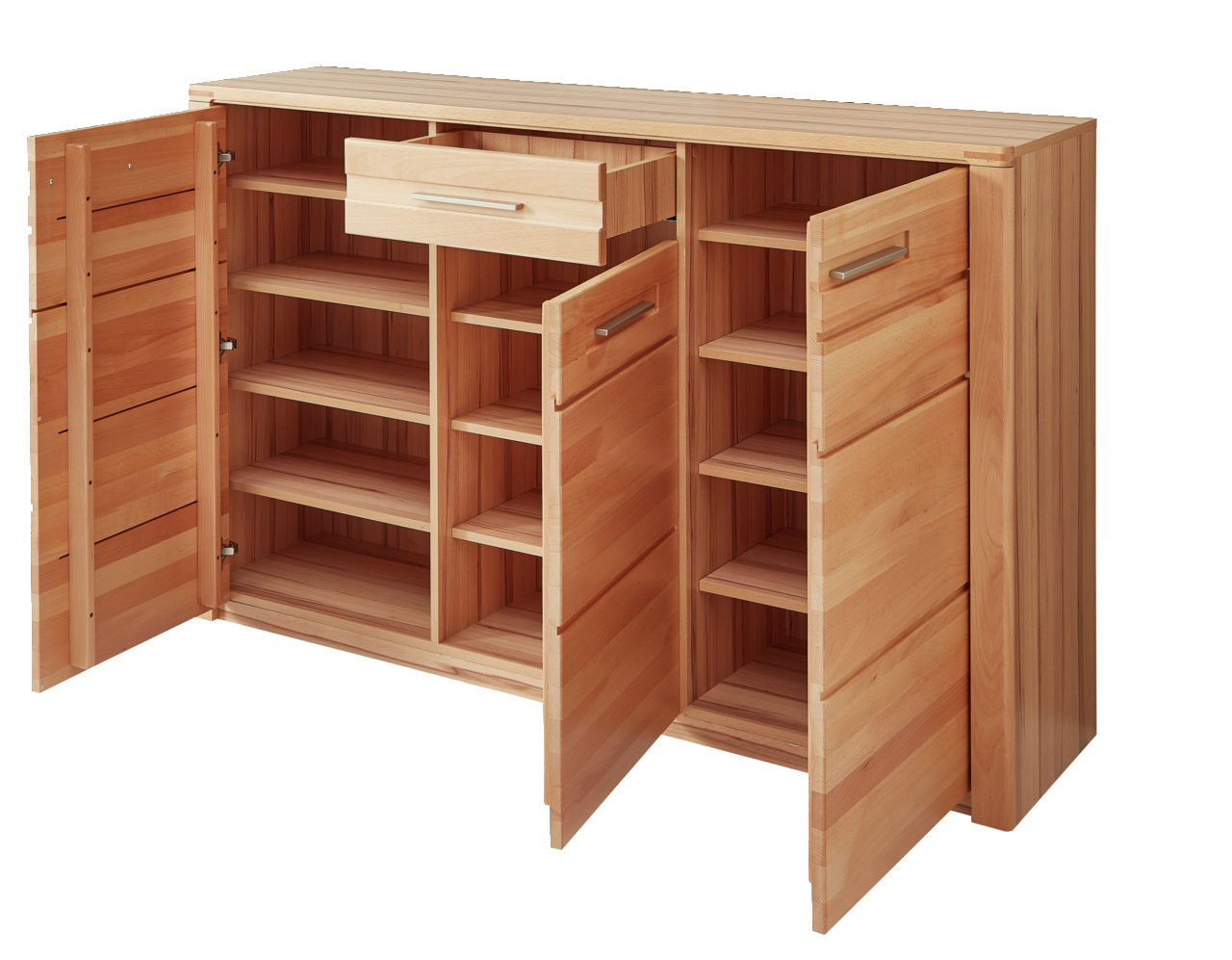 XL-Schuhschrank aus Holz mit geöffneter Frontansicht, zeigt mehrere Regalböden und eine Schublade.