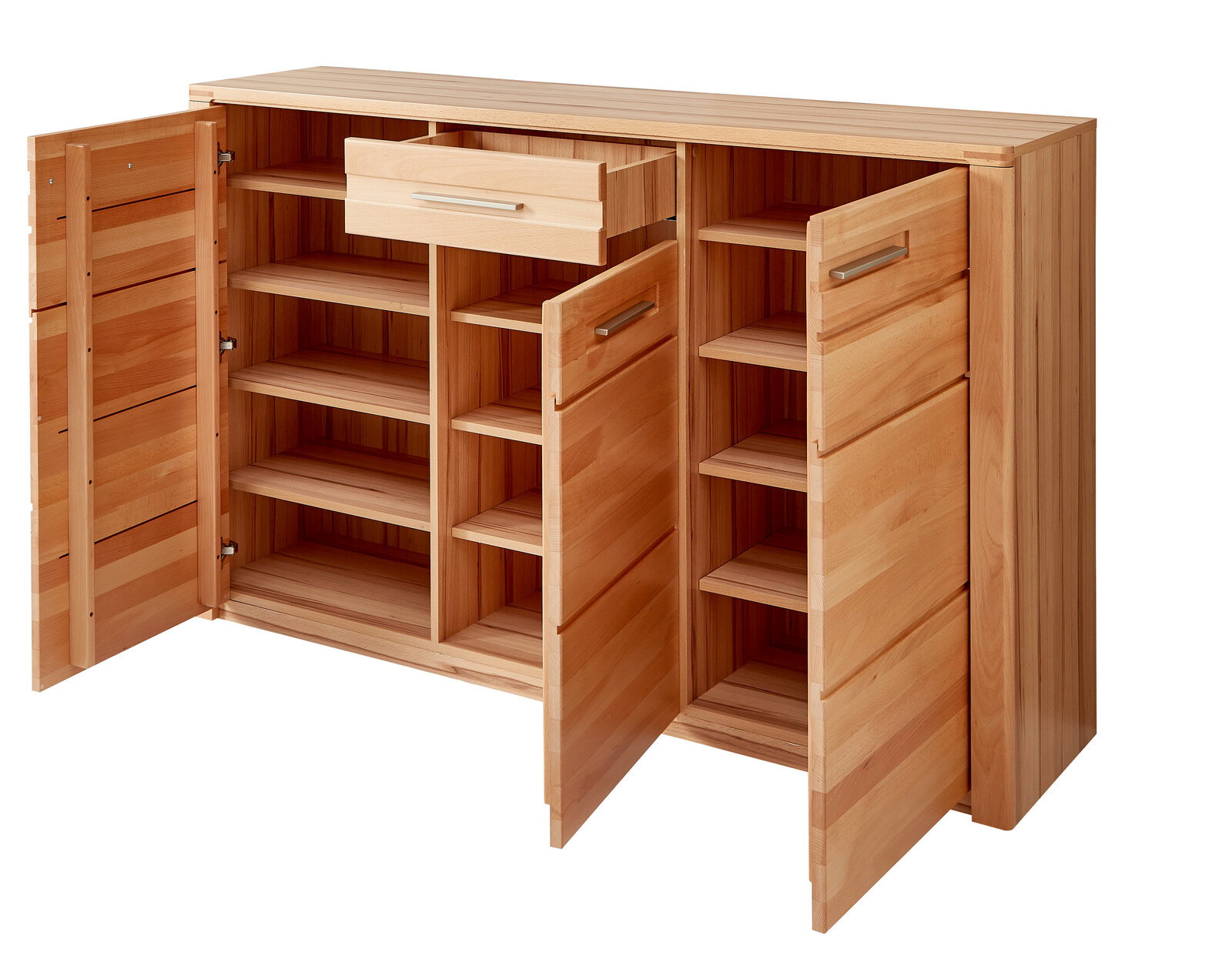 XL-Schuhschrank aus Holz mit geöffneter Frontansicht, zeigt mehrere Regalböden und eine Schublade.