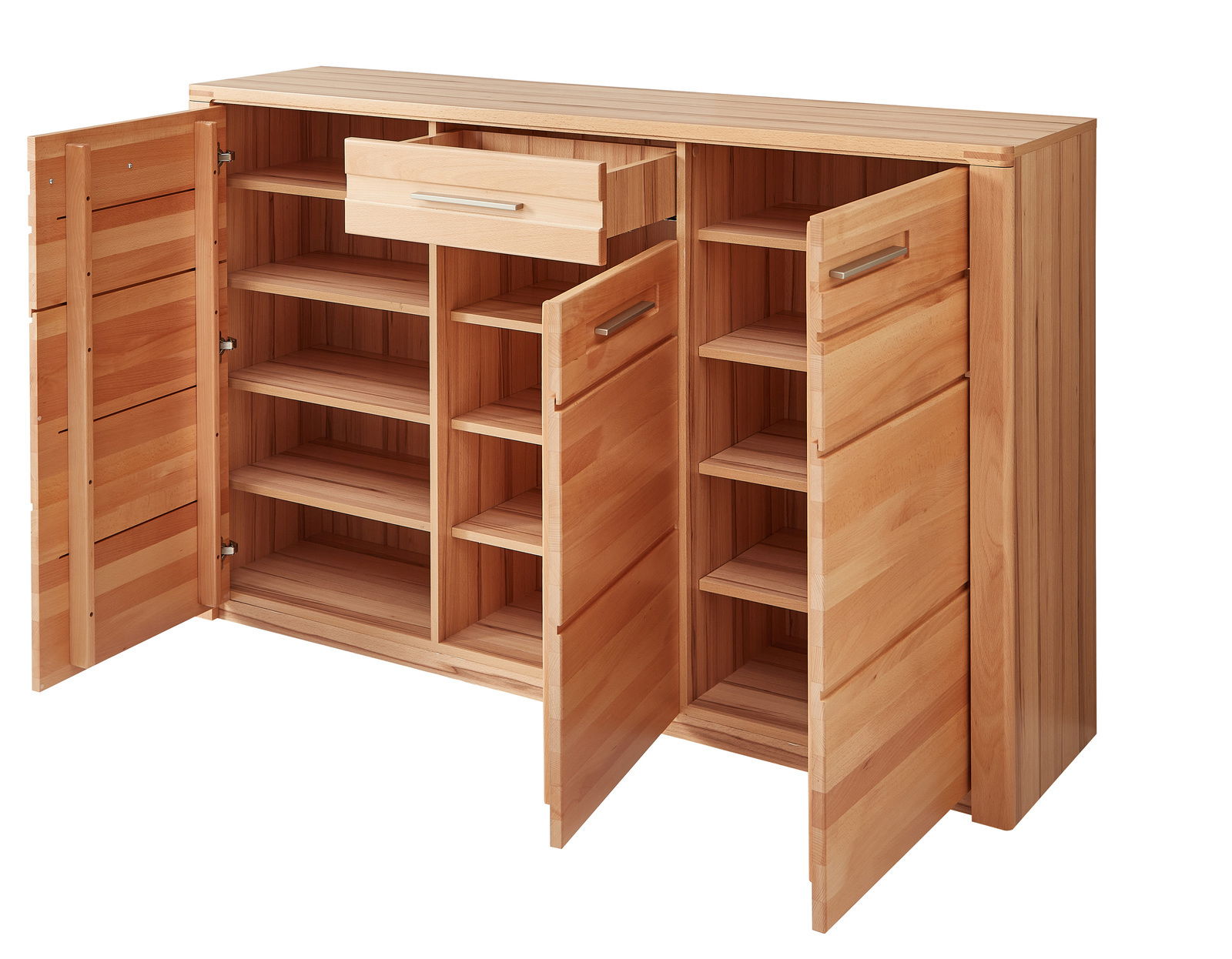 XL-Schuhschrank aus Holz mit geöffneter Frontansicht, zeigt mehrere Regalböden und eine Schublade.