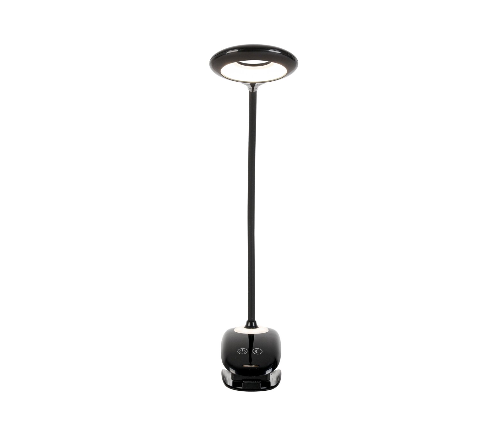 LED-klemlamp in zwarte kleur, hier afgebeeld van voren, met een flexibele arm en een ronde lampkop.