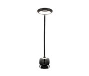 LED-klemlamp in zwarte kleur, hier afgebeeld van voren, met een flexibele arm en een ronde lampkop.