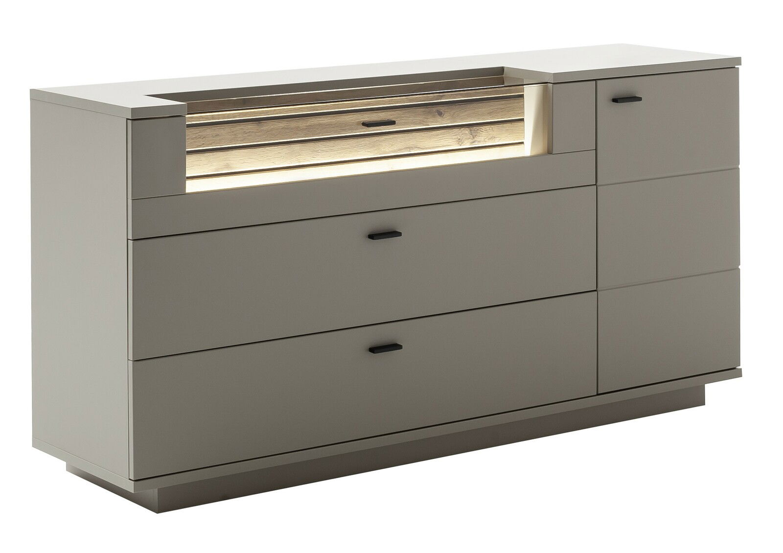 Zurbrüggen Sideboard LÜTTICH Modernes Sideboard in hellem Grau mit Holzdetails und integrierter Beleuchtung, seitliche Perspektive