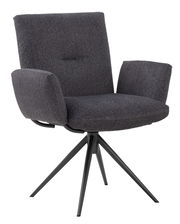 Grauer Armlehnstuhl mit modernem Design und schwarzem Metallgestell, seitliche Perspektive