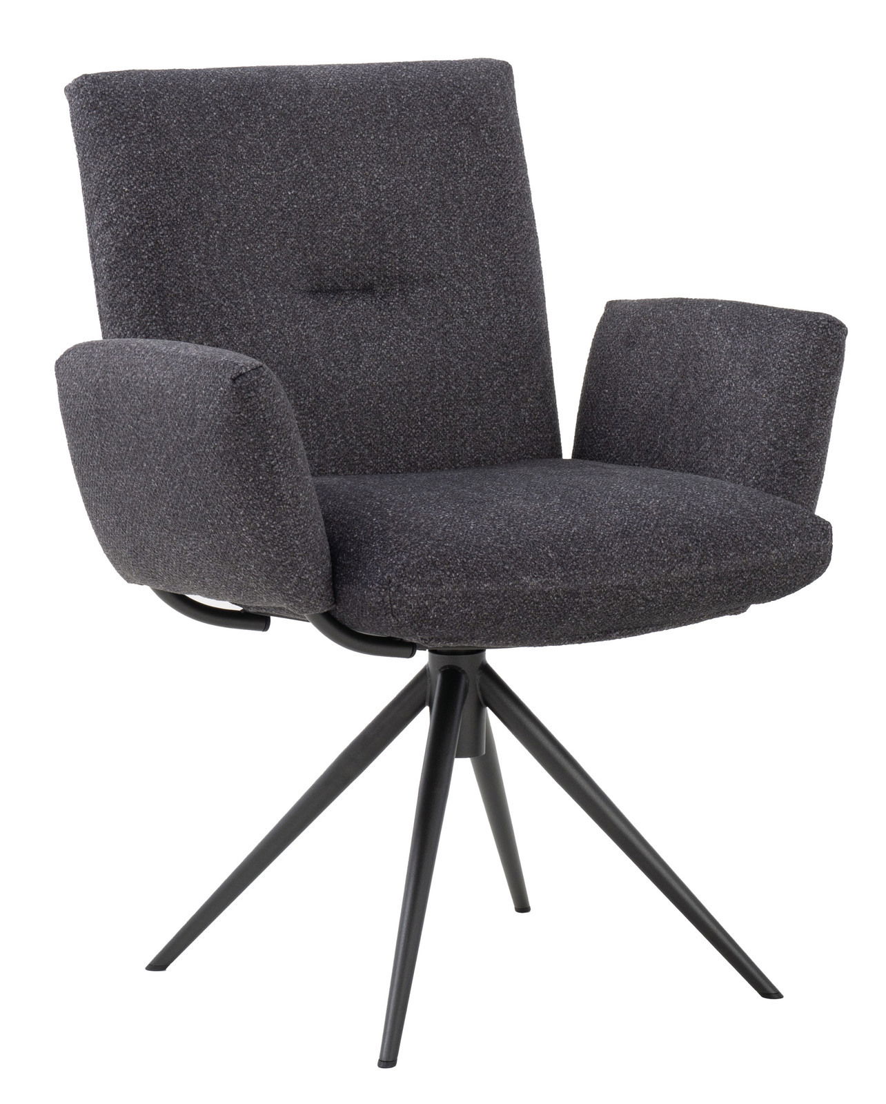 Grauer Armlehnstuhl mit modernem Design und schwarzem Metallgestell, seitliche Perspektive