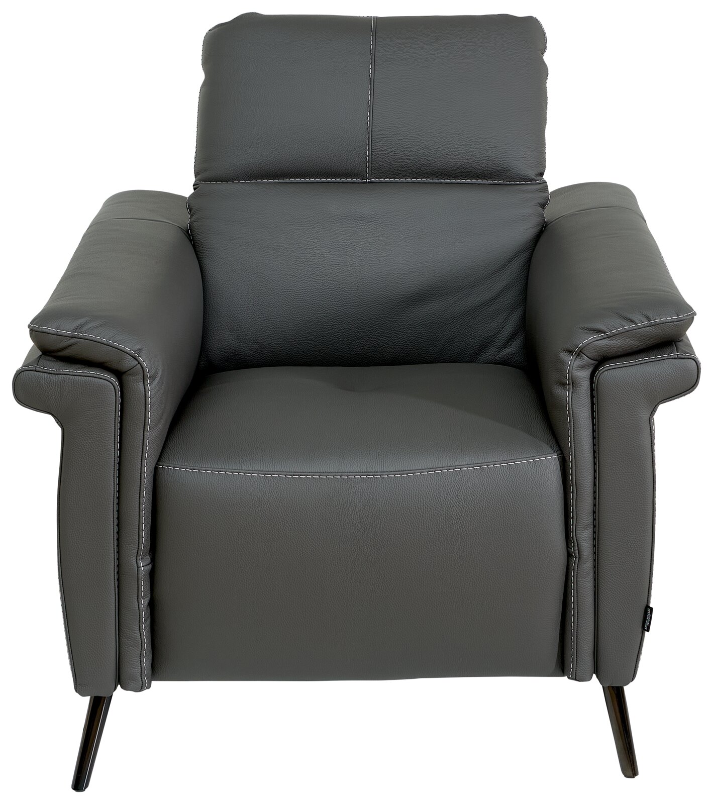 Grijze leren fauteuil met armleuningen, vooraanzicht