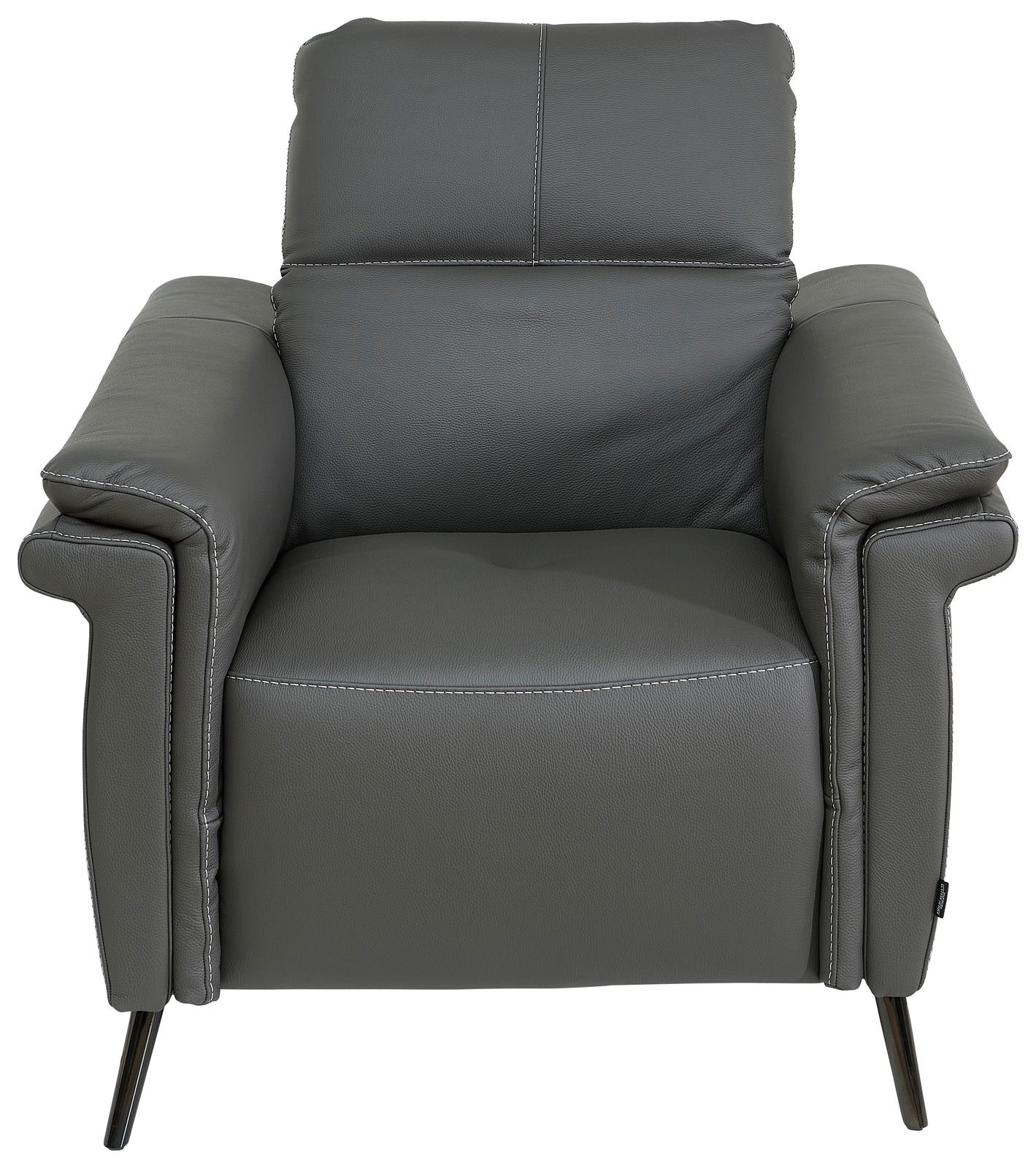 Grauer Ledersessel mit Armlehnen, Frontalansicht