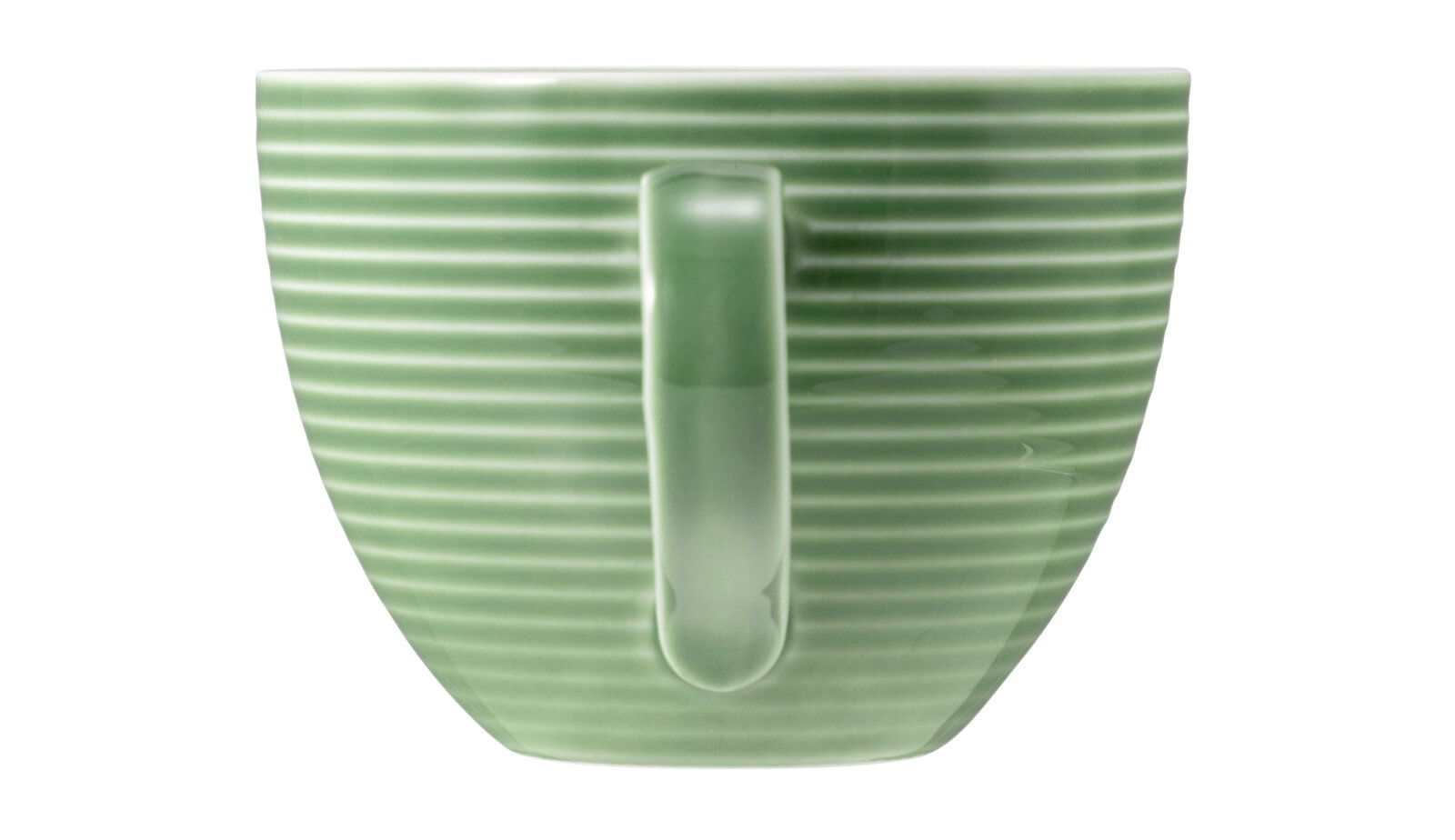 Grüne Kaffeetasse mit horizontalen Streifen, seitliche Perspektive