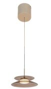 Vooraanzicht van een moderne hanglamp met beige plafondkap, slank snoer en gelaagde ronde metalen schijven rond een warm verlichte ring