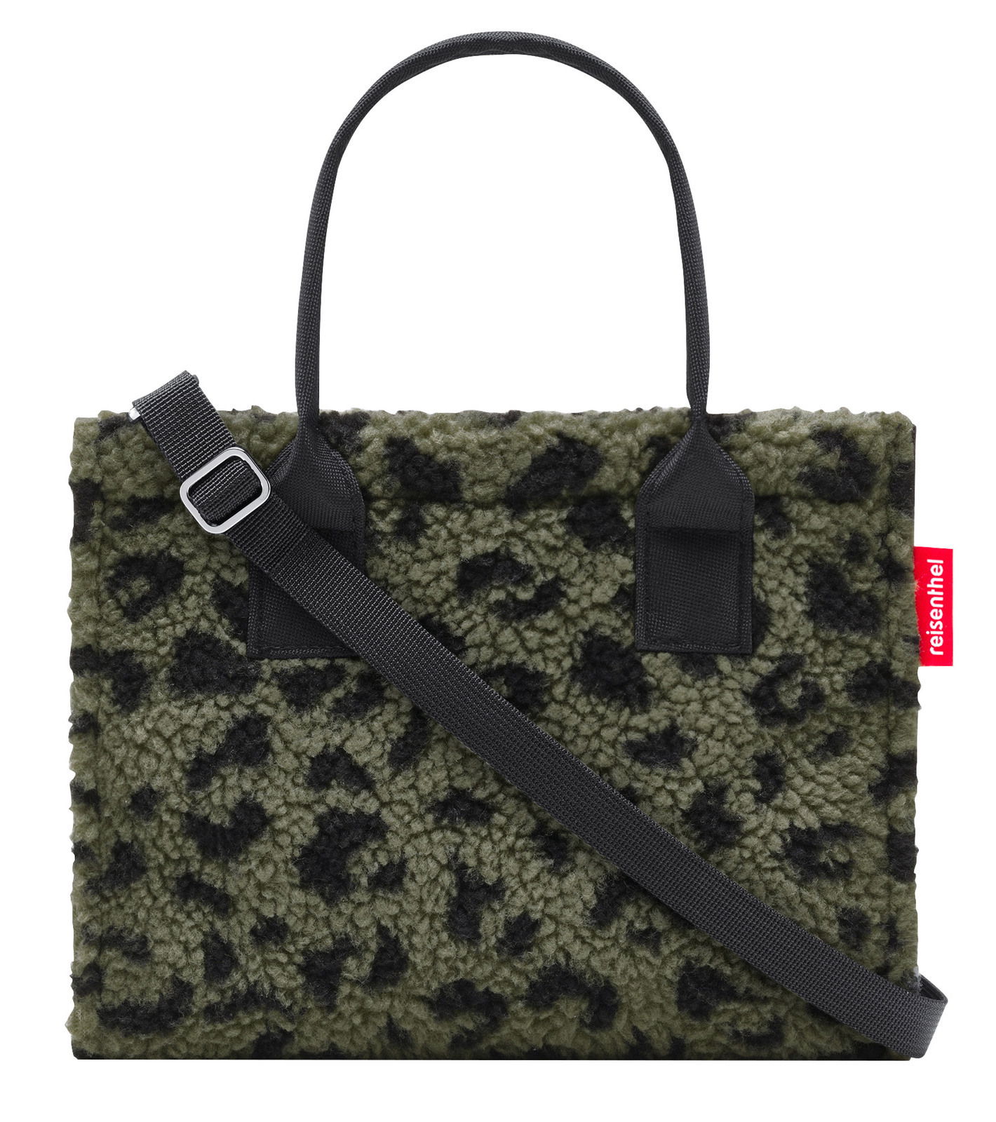 Vorderansicht einer kleinen, stilvollen Tasche mit Leopardenmuster und Tragegriff, ideal für den täglichen Gebrauch.