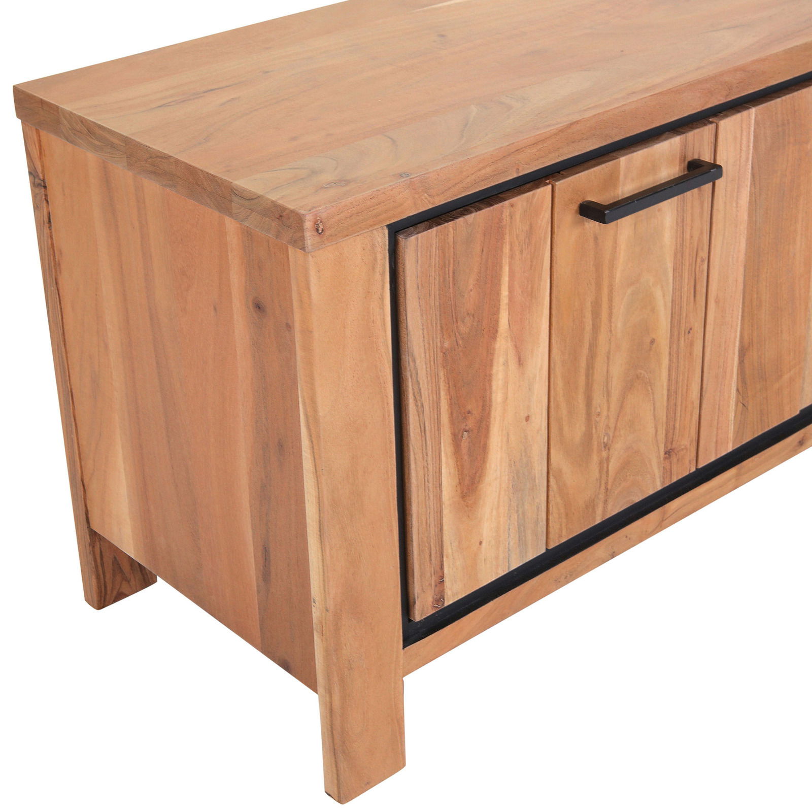 Nahaufnahme eines Lowboards aus Holz mit schwarzem Griff, seitliche Perspektive