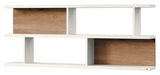 Modernes Wandboard mit weißem Rahmen und Holzelementen, frontale Ansicht