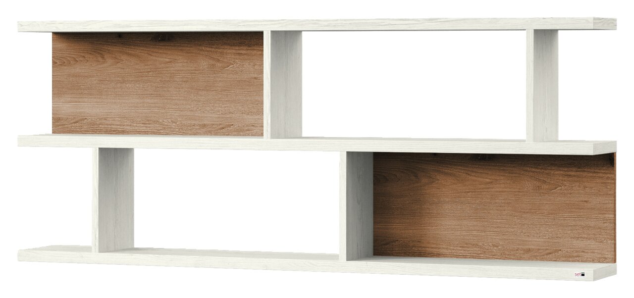 Modernes Wandboard mit weißem Rahmen und Holzelementen, frontale Ansicht