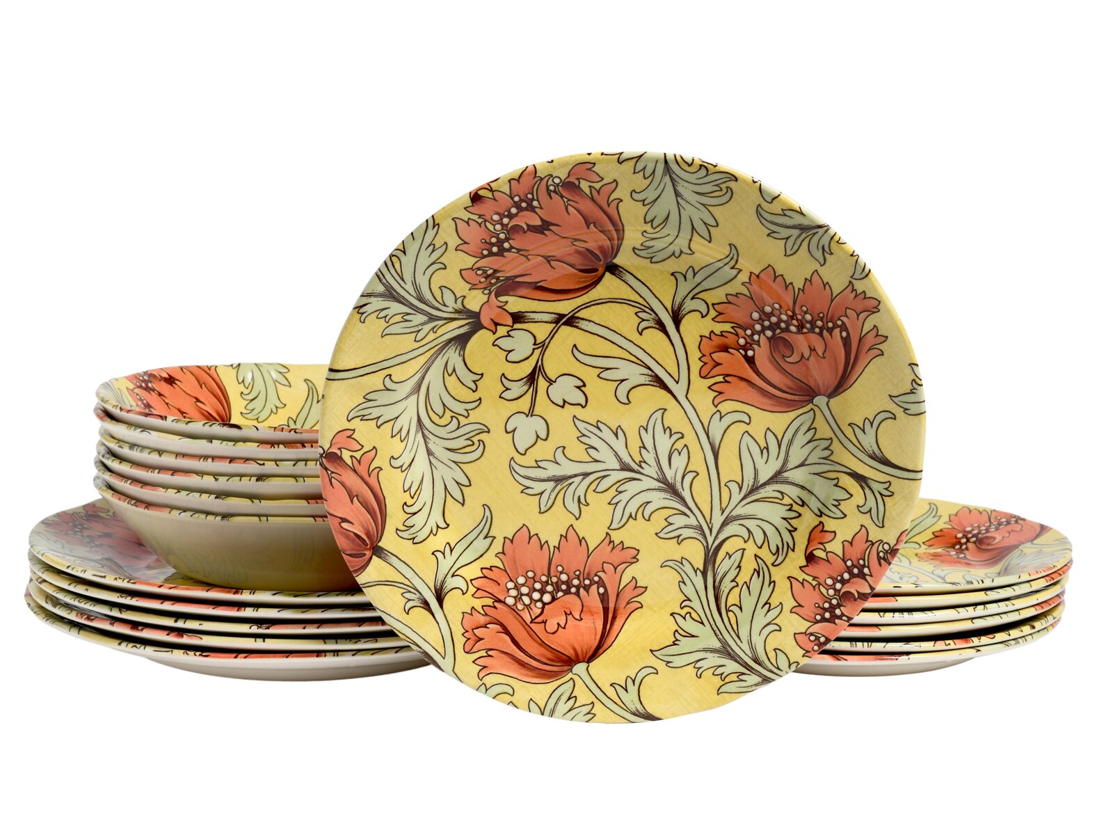 Creatable Tellerset 18-tlg FLORENTINA Stapel aus dekorierten Speisetellern und Schalen mit floralem Muster in Gelb und Korallrot, vorne ein Teller frontal von oben (Top-Down-Ansicht) auf weißem Hintergrund