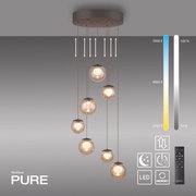 Moderne LED-Pendelleuchte mit mehreren kugelförmigen Lampen, von der Decke hängend, mit einstellbarer Farbtemperatur und Helligkeit, seitliche Perspektive.