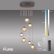 Moderne LED-Pendelleuchte mit mehreren kugelförmigen Lampen, von der Decke hängend, mit einstellbarer Farbtemperatur und Helligkeit, seitliche Perspektive.