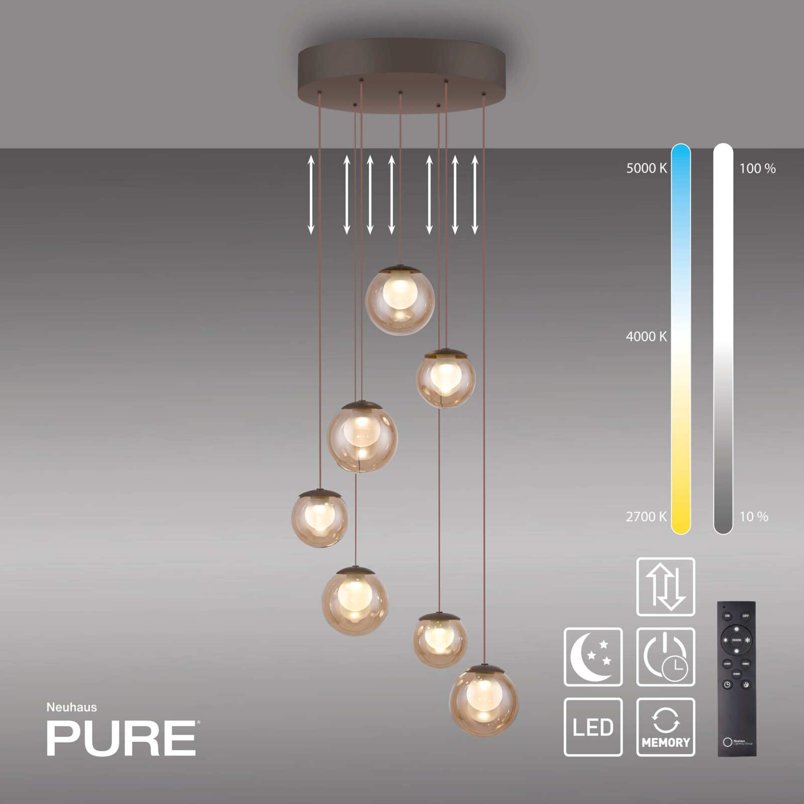 Moderne LED-Pendelleuchte mit mehreren kugelförmigen Lampen, von der Decke hängend, mit einstellbarer Farbtemperatur und Helligkeit, seitliche Perspektive.