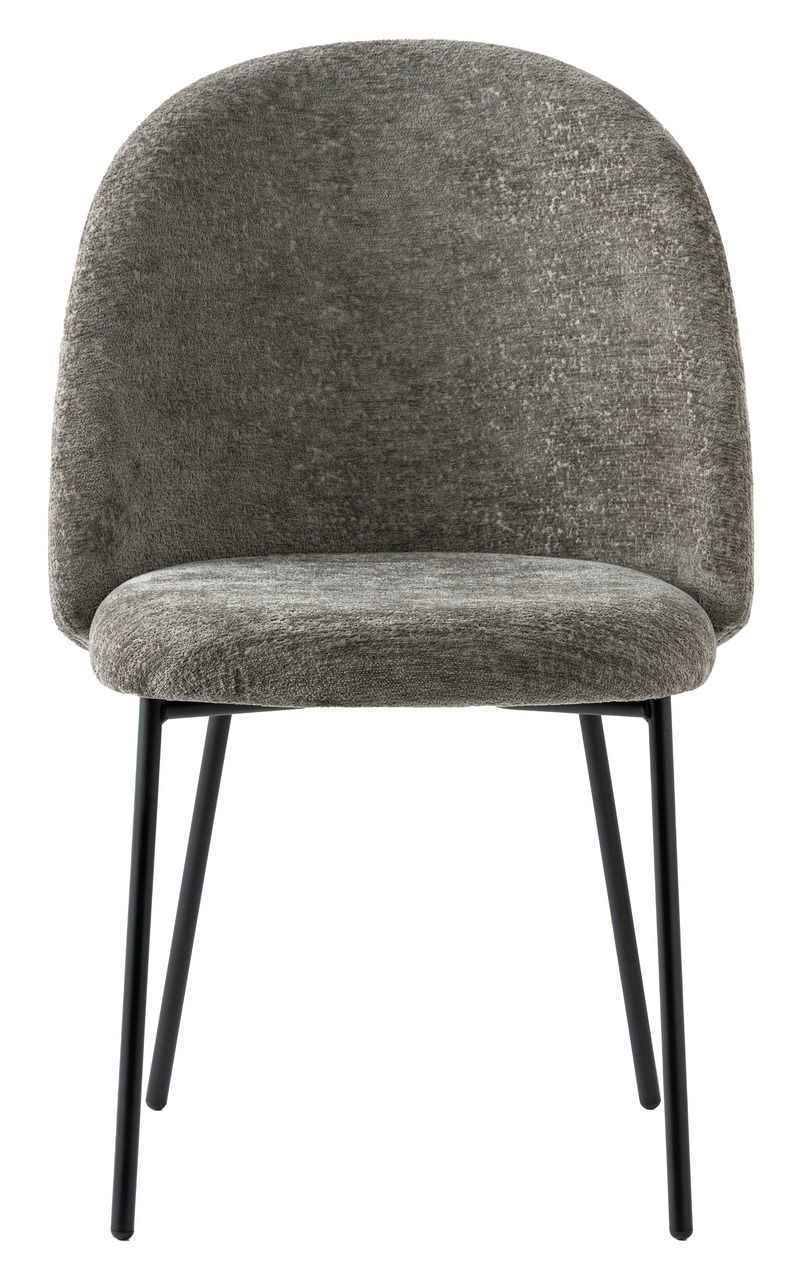 Grauer Stuhl mit gepolsterter Rückenlehne und Sitzfläche, schwarze Metallbeine, Frontalansicht