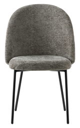 Grauer Stuhl mit gepolsterter Rückenlehne und Sitzfläche, schwarze Metallbeine, Frontalansicht