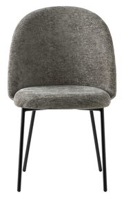 Grauer Stuhl mit gepolsterter Rückenlehne und Sitzfläche, schwarze Metallbeine, Frontalansicht