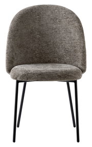 Grauer Stuhl mit gepolsterter Rückenlehne und Sitzfläche, schwarze Metallbeine, Frontalansicht